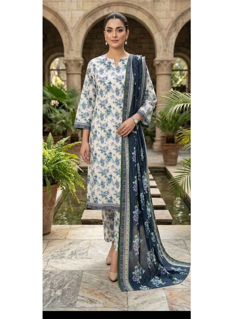 BLUBRAIN Women's 3-Piece Floral Printed Lawn Kurti Set with Trousers and Dupatta – Traditional Summer Salwar Kameez Casual Suit - Image 1