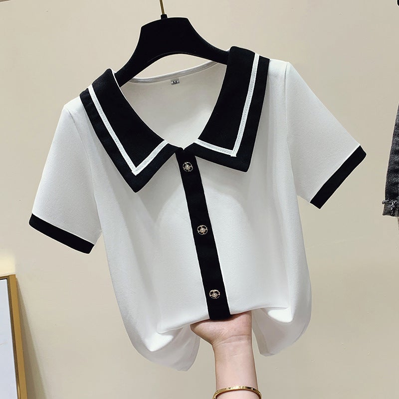 Baby Doll Collar Ice Silk/Viscose Short-Sleeved Shirt For Women Striped Fake Two-Piece Top - Image 3