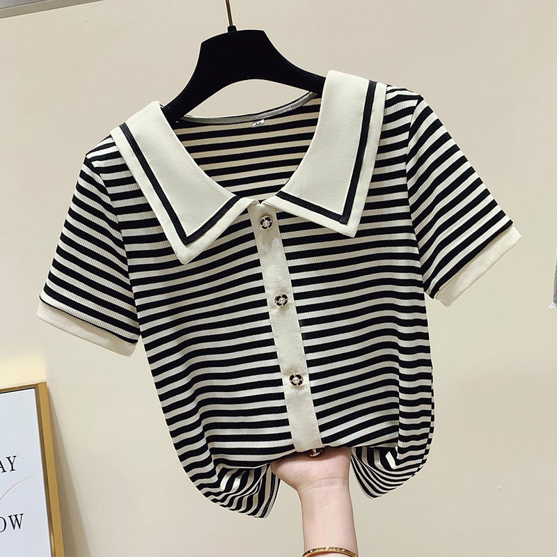 Baby Doll Collar Ice Silk/Viscose Short-Sleeved Shirt For Women Striped Fake Two-Piece Top - Image 1