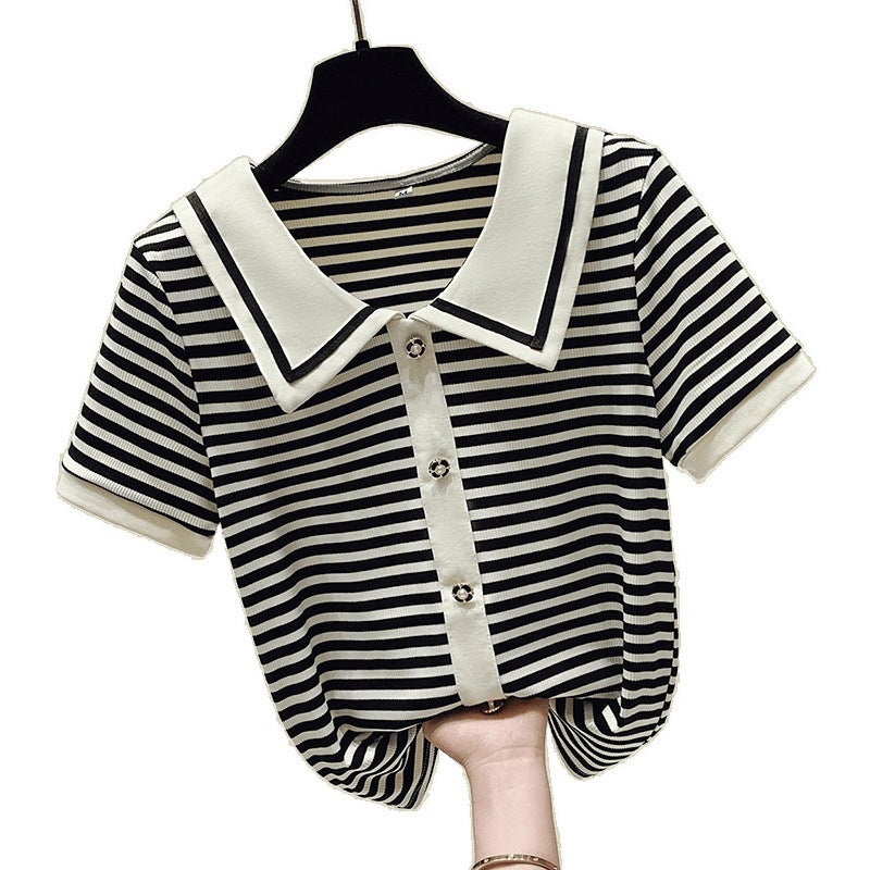 Baby Doll Collar Ice Silk/Viscose Short-Sleeved Shirt For Women Striped Fake Two-Piece Top - Image 4
