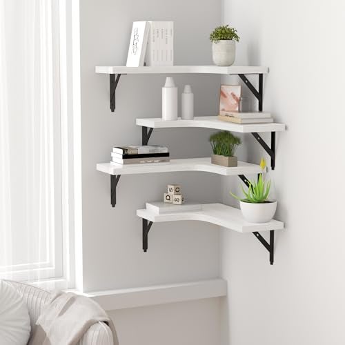 ROMGUAR CRAFT Corner Floating Shelves Wall Mounted Set of 4, Rustic Wood Storage Display Shelves for Home Decor, Bathroom, Kitchen, Bedroom, Living Room, Office (White) - Image 5
