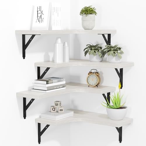 ROMGUAR CRAFT Corner Floating Shelves Wall Mounted Set of 4, Rustic Wood Storage Display Shelves for Home Decor, Bathroom, Kitchen, Bedroom, Living Room, Office (White) - Image 1