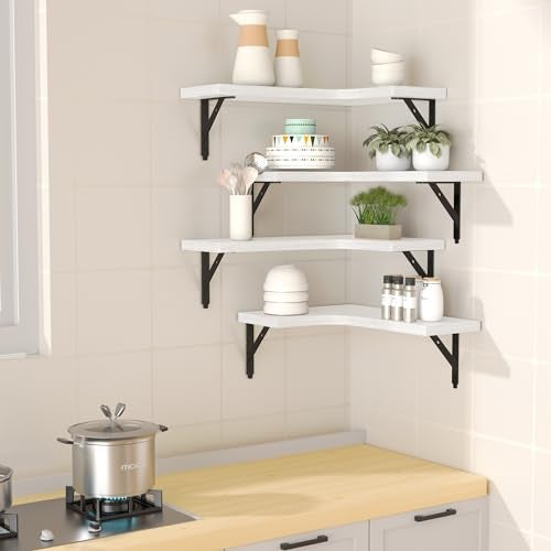 ROMGUAR CRAFT Corner Floating Shelves Wall Mounted Set of 4, Rustic Wood Storage Display Shelves for Home Decor, Bathroom, Kitchen, Bedroom, Living Room, Office (White) - Image 4