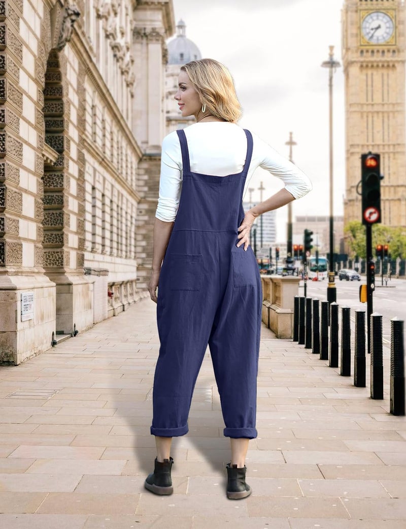 YESNO Women Long Casual Loose Bib Pants Overalls Baggy Rompers Jumpsuits with Pockets (L PV9 Navy Blue) - Image 4