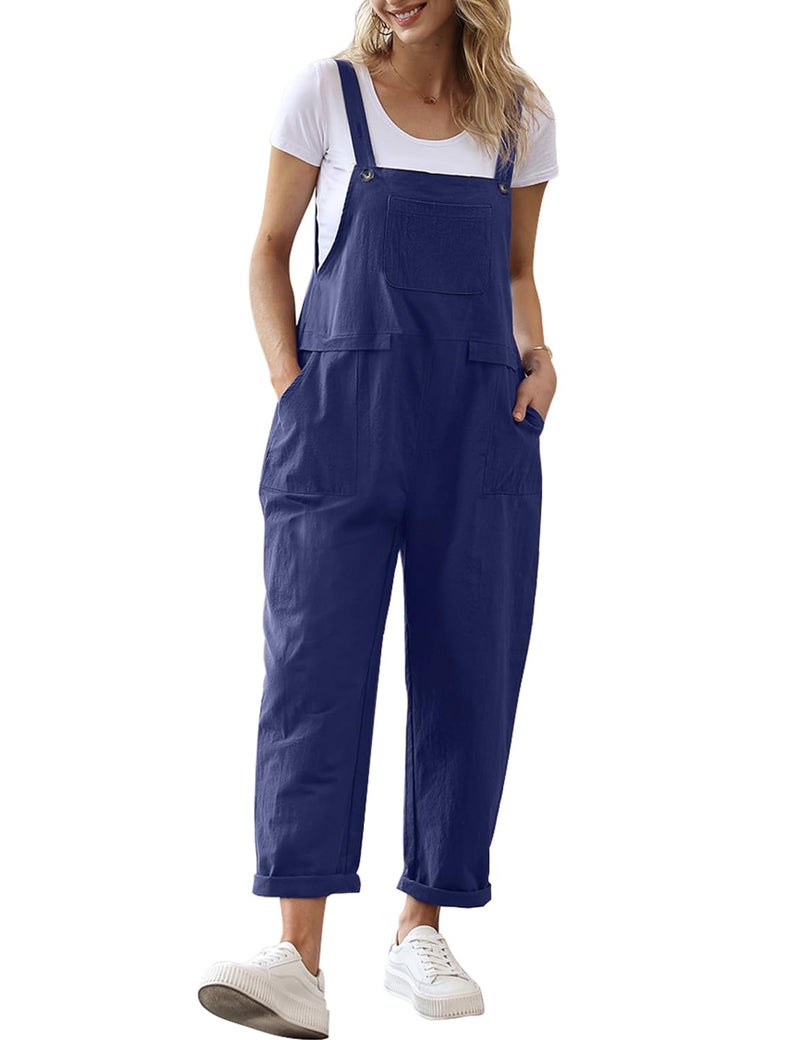 YESNO Women Long Casual Loose Bib Pants Overalls Baggy Rompers Jumpsuits with Pockets (L PV9 Navy Blue) - Image 5