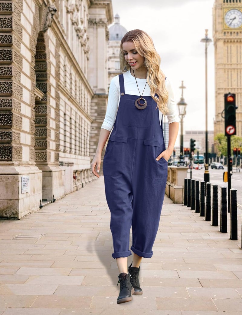 YESNO Women Long Casual Loose Bib Pants Overalls Baggy Rompers Jumpsuits with Pockets (L PV9 Navy Blue) - Image 3