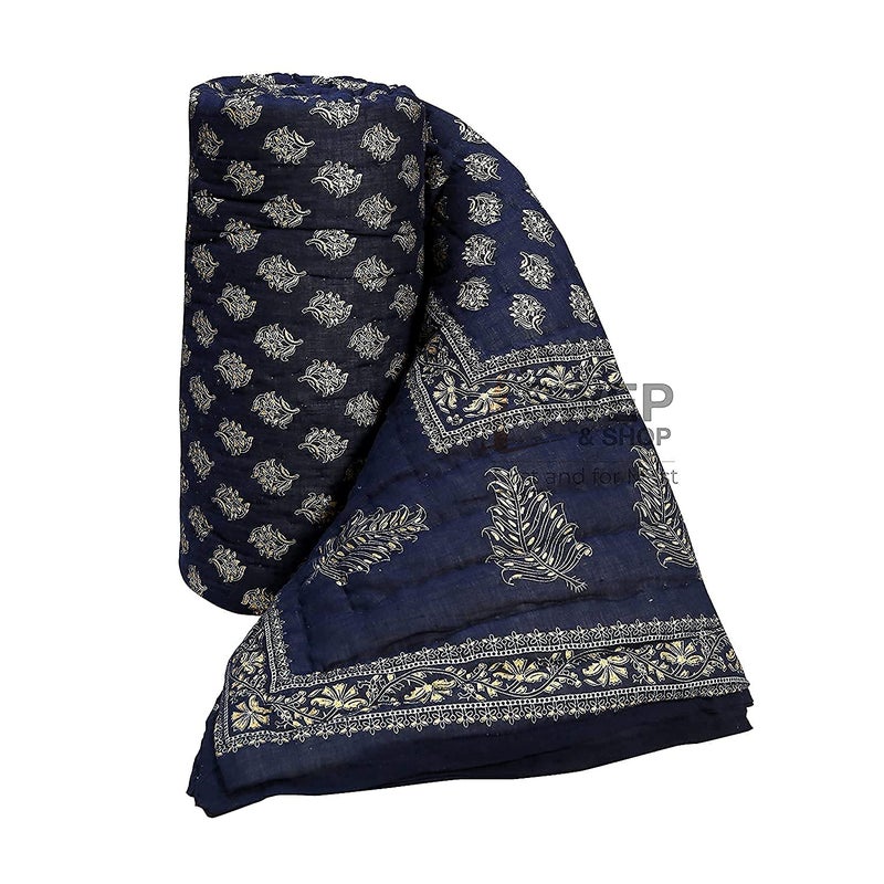 LOARSHY Cotton Handmade Dark Blue Printed Quilt | Soft and Lightweight and Warm Jaipuri Rajasthani Double Bed Comfortable Razai | Soft AC for Summer and Winters | Gift Item for Loved Ones - Image 5