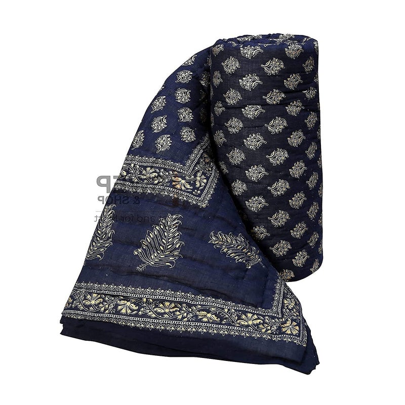 LOARSHY Cotton Handmade Dark Blue Printed Quilt | Soft and Lightweight and Warm Jaipuri Rajasthani Double Bed Comfortable Razai | Soft AC for Summer and Winters | Gift Item for Loved Ones - Image 1