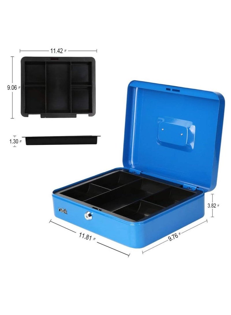 Rubik صندوق نقدي كبير جداً من الصلب مع صينية وقفل صندوق آمن محمول للنقود والفواتير والمجوهرات والإيصالات والعملات (30x24x9 سم) أزرق - Image 4