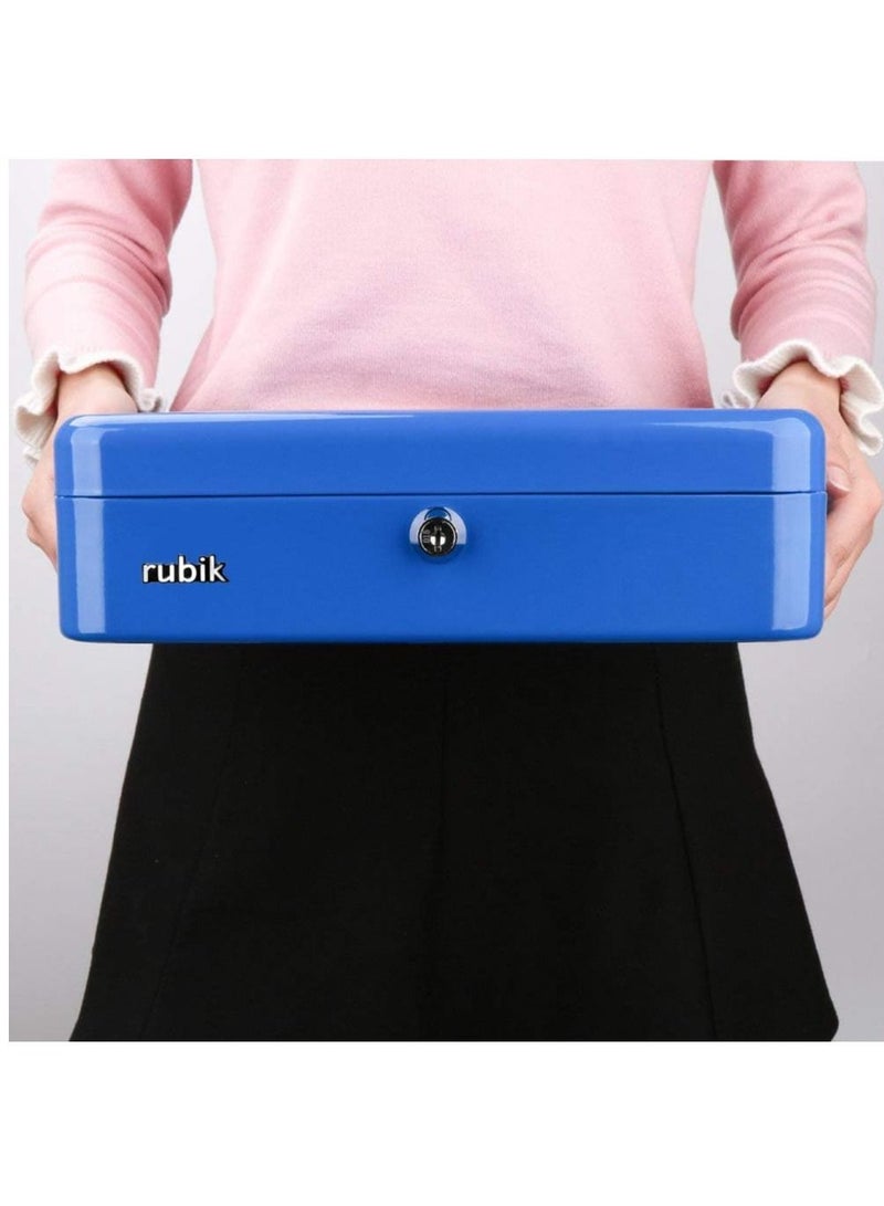 Rubik صندوق نقدي كبير جداً من الصلب مع صينية وقفل صندوق آمن محمول للنقود والفواتير والمجوهرات والإيصالات والعملات (30x24x9 سم) أزرق - Image 2