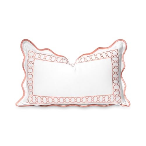 Hofdeco Premium Coastal Patio Indoor Outdoor Scalloped Lumbar Pillow Cover Only 12x20 Water Repellent for Backyard Couch Blush Pink Embroidered Begonia Pattern Chain Frame - Image 1