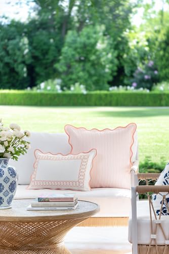 Hofdeco Premium Coastal Patio Indoor Outdoor Scalloped Lumbar Pillow Cover Only 12x20 Water Repellent for Backyard Couch Blush Pink Embroidered Begonia Pattern Chain Frame - Image 3