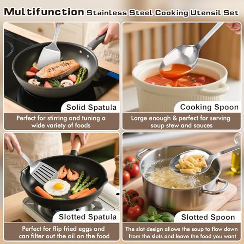 MemoGem 4 Pcs Cooking Utensils Set, Stainless Steel Kitchen Utensils, Heat Resistant Metal Kitchen Tools Include Solid & Slotted Turner Wok Spatula, Serving Spoon, Ergonomic Handle, Easy to Clean, Silver - Image 2