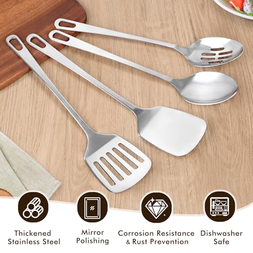 MemoGem 4 Pcs Cooking Utensils Set, Stainless Steel Kitchen Utensils, Heat Resistant Metal Kitchen Tools Include Solid & Slotted Turner Wok Spatula, Serving Spoon, Ergonomic Handle, Easy to Clean, Silver - Image 3