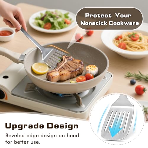 MemoGem 4 Pcs Cooking Utensils Set, Stainless Steel Kitchen Utensils, Heat Resistant Metal Kitchen Tools Include Solid & Slotted Turner Wok Spatula, Serving Spoon, Ergonomic Handle, Easy to Clean, Silver - Image 5