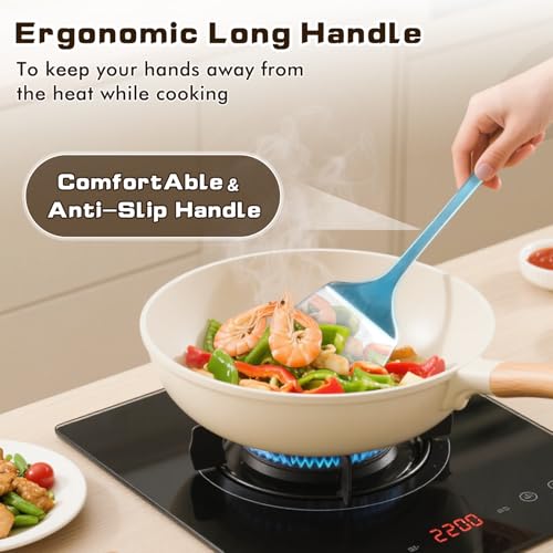 MemoGem 4 Pcs Cooking Utensils Set, Stainless Steel Kitchen Utensils, Heat Resistant Metal Kitchen Tools Include Solid & Slotted Turner Wok Spatula, Serving Spoon, Ergonomic Handle, Easy to Clean, Silver - Image 4