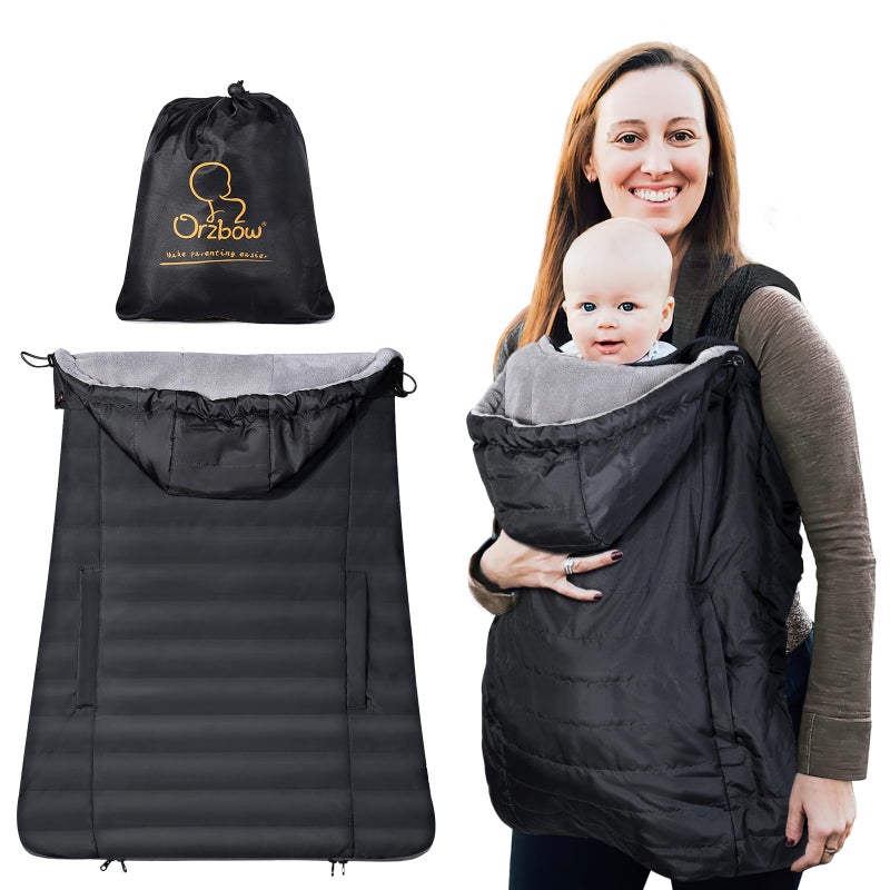 Orzbow Winter Baby Carrier Cover with Detachable Hood Waterproof Windproof Universal for Baby Carriers and Baby Waist Stool Baby Bunting Bag for Car Seats and Strollers with Storage Bag Black