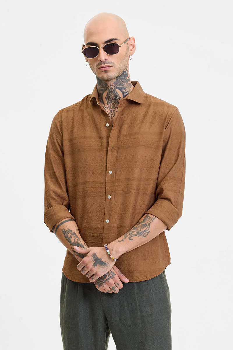 سنيتش Brown Textured Long Sleeve Slim Fit Casual Shirt