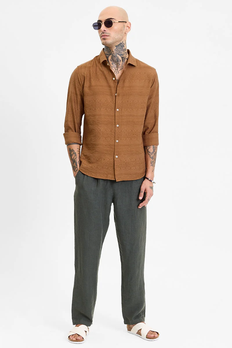 سنيتش Brown Textured Long Sleeve Slim Fit Casual Shirt