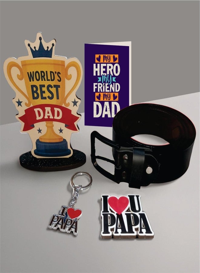 PICRAZEE Father’s Day Gift Combo Set - World’s Best Dad Trophy, Belt, Metal Keyring, Fridge Magnet & Greeting Card - Best Gift for Dad Papa Father Birthday Father’s Day (Trophy with Belt) - Image 1