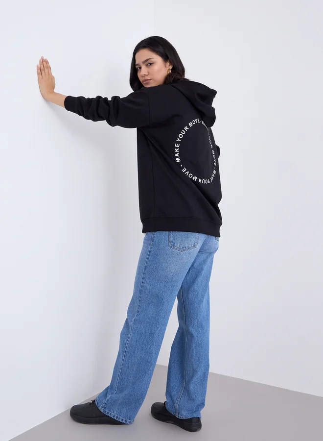 Styli Styli Black Longline Slogan Print Hoodie