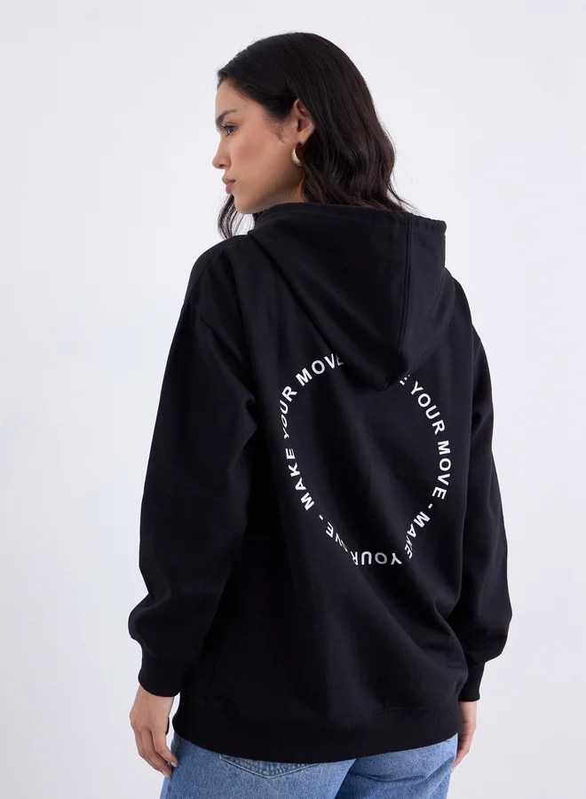 Styli Styli Black Longline Slogan Print Hoodie