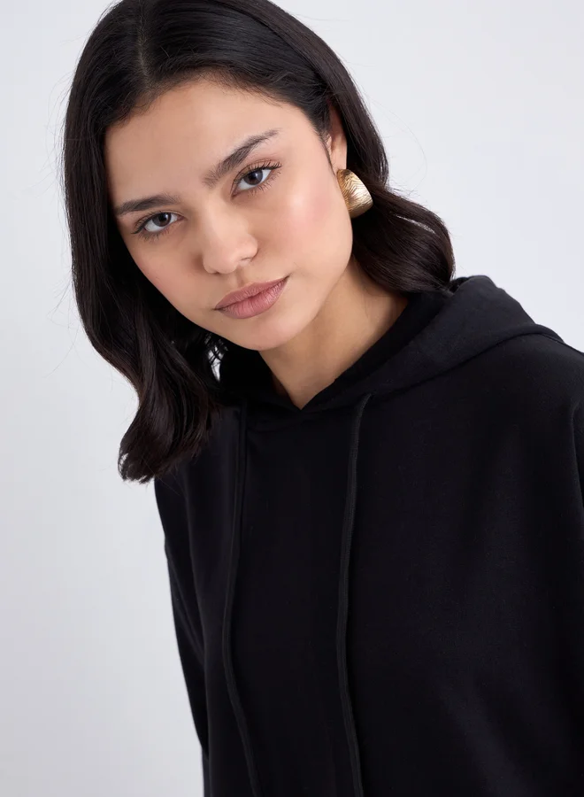 Styli Styli Black Longline Slogan Print Hoodie