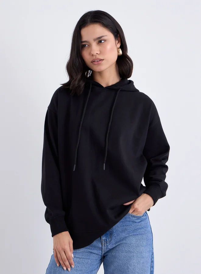 Styli Styli Black Longline Slogan Print Hoodie