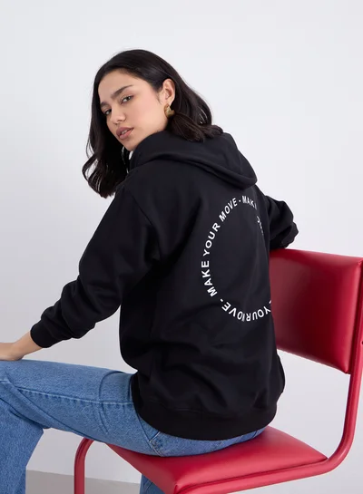 Styli Styli Black Longline Slogan Print Hoodie
