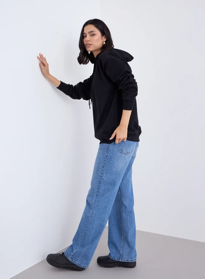 Styli Styli Black Longline Slogan Print Hoodie