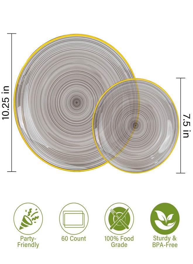 Morejoy 60Pcs Black Plastic Plates,Black Disposable Plates With Gold Rim,Heavy-duty Gold Plate, Modern swirl design Plates Include 30 Dessert-plates,30Dinner-plates for Party,Halloween - Image 3
