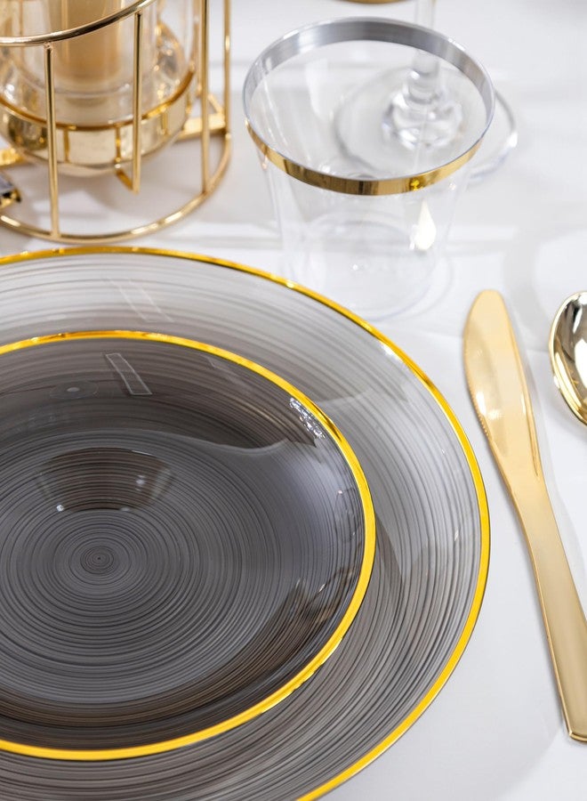 Morejoy 60Pcs Black Plastic Plates,Black Disposable Plates With Gold Rim,Heavy-duty Gold Plate, Modern swirl design Plates Include 30 Dessert-plates,30Dinner-plates for Party,Halloween - Image 5