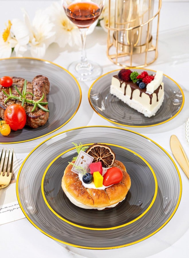 Morejoy 60Pcs Black Plastic Plates,Black Disposable Plates With Gold Rim,Heavy-duty Gold Plate, Modern swirl design Plates Include 30 Dessert-plates,30Dinner-plates for Party,Halloween - Image 2
