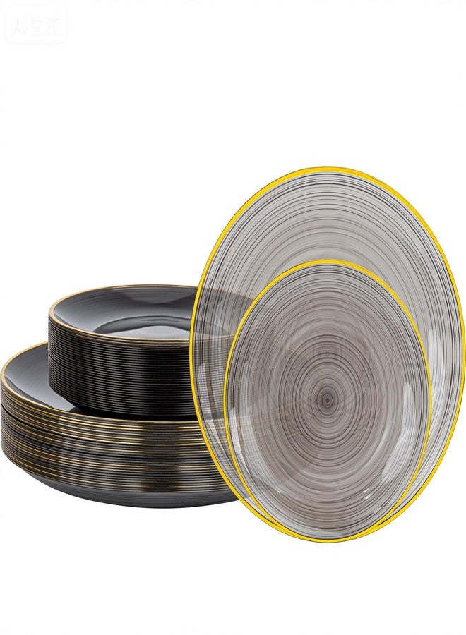 Morejoy 60Pcs Black Plastic Plates,Black Disposable Plates With Gold Rim,Heavy-duty Gold Plate, Modern swirl design Plates Include 30 Dessert-plates,30Dinner-plates for Party,Halloween - Image 1