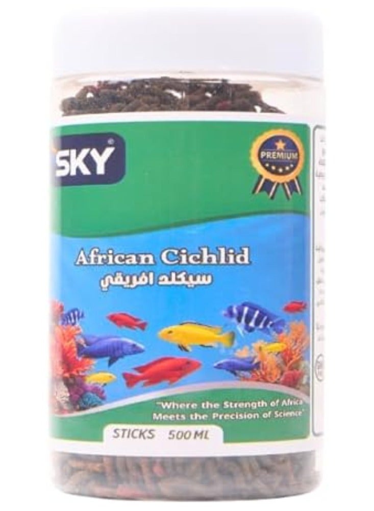 سكاي طعام سمك سكاي سيكليد افريقي (500 مل) - حبيبات ستيكس بالسبيرولينا لأسماك الزينة الأفريقية، غذاء لتعزيز الألوان والصحة