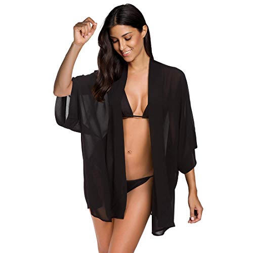 Max Hsuan Women's Loose Print Sheer Chiffon Kimono Beach Swim Cover up Cardigan Capes Blouse Tops Black - Image 1