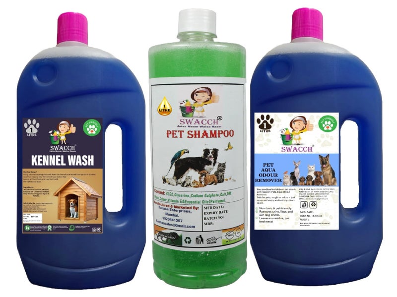 swacch Kennel Wash (Lavender) + Pet Shampoo (Neem Alovera) I Pet Aqua Odour Remover (Lavender) 1 Litre Combo Pack of 3 Economical Pack I Dog and Cat Friendly - Image 1