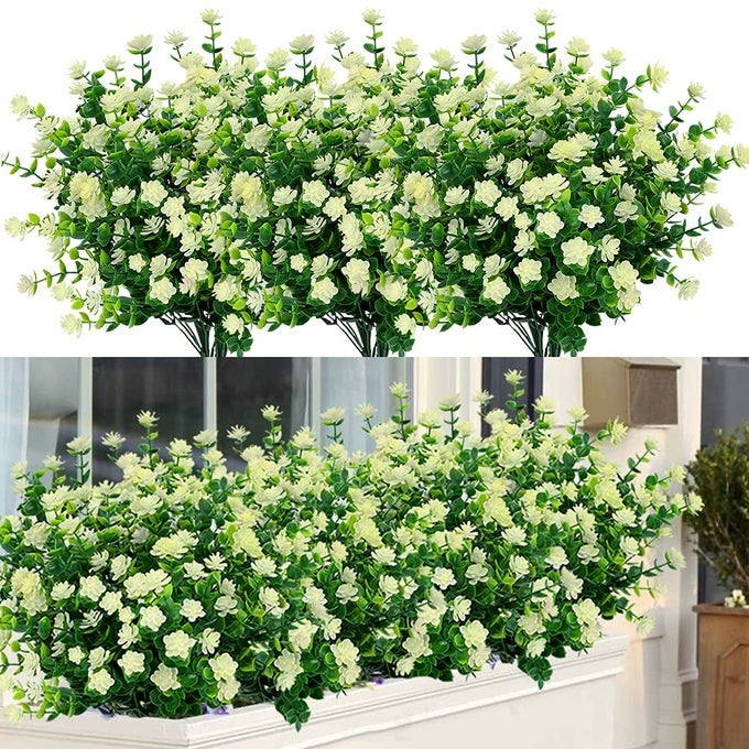 6 Bundles Outdoor Artificial Flowers UV Resistant Fake Boxwood Plants Faux Plastic for Indoor Outside Hanging Plants Garden Porch Window Box Home Wedding Farmhouse Decor Milk Green