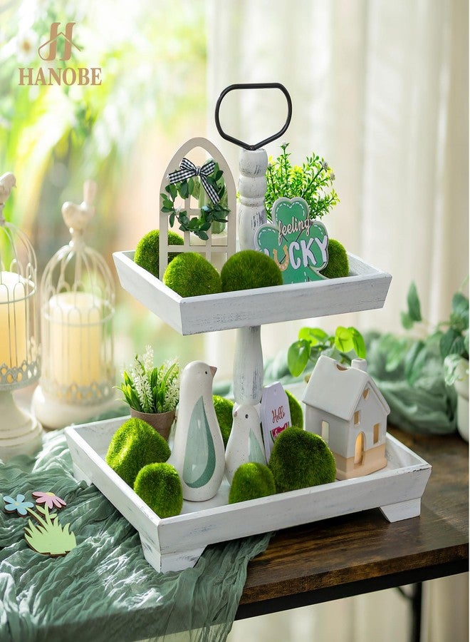 صينية هانوبي متعددة الطبقات لتزيين الطاولة: حامل تقديم من طبقتين، صينية ديكور ريفية لبار القهوة، حامل عرض خشبي مستطيل لسطح المطبخ (أبيض ريفي) - Image 2