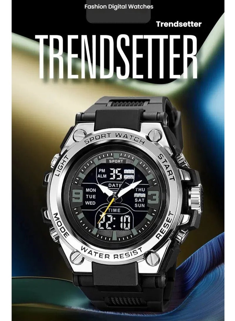 ساندا ساعات كوارتز رياضية للرجال بشاشتين مزدوجتين LED وساعات يد إلكترونية رقمية مقاومة للماء ساعة عسكرية - فضية - 52 مم - Image 3