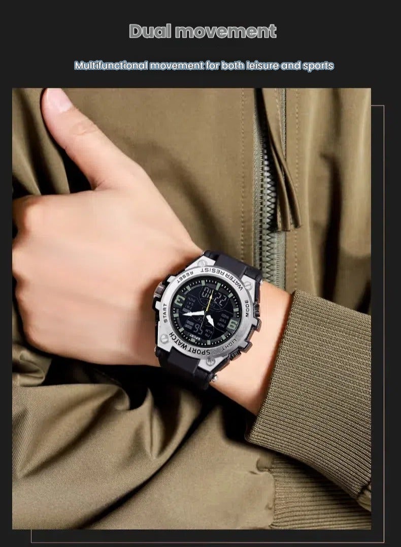 ساندا ساعات كوارتز رياضية للرجال بشاشتين مزدوجتين LED وساعات يد إلكترونية رقمية مقاومة للماء ساعة عسكرية - فضية - 52 مم - Image 4