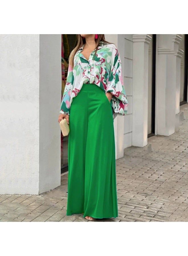general 2025-2026 Women's set loose large size casual printed shirt solid color wide leg pants two-piece set - Image 1