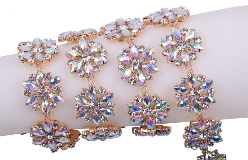 KAOYOO 1 Yard Flower Pattern Rhinestone Chain Trim, Inlaid with Blue AB Crystal Rhinestone and Golden Brass Base Prong Chain for Sewing Craft,Wedding Decoration - Image 1