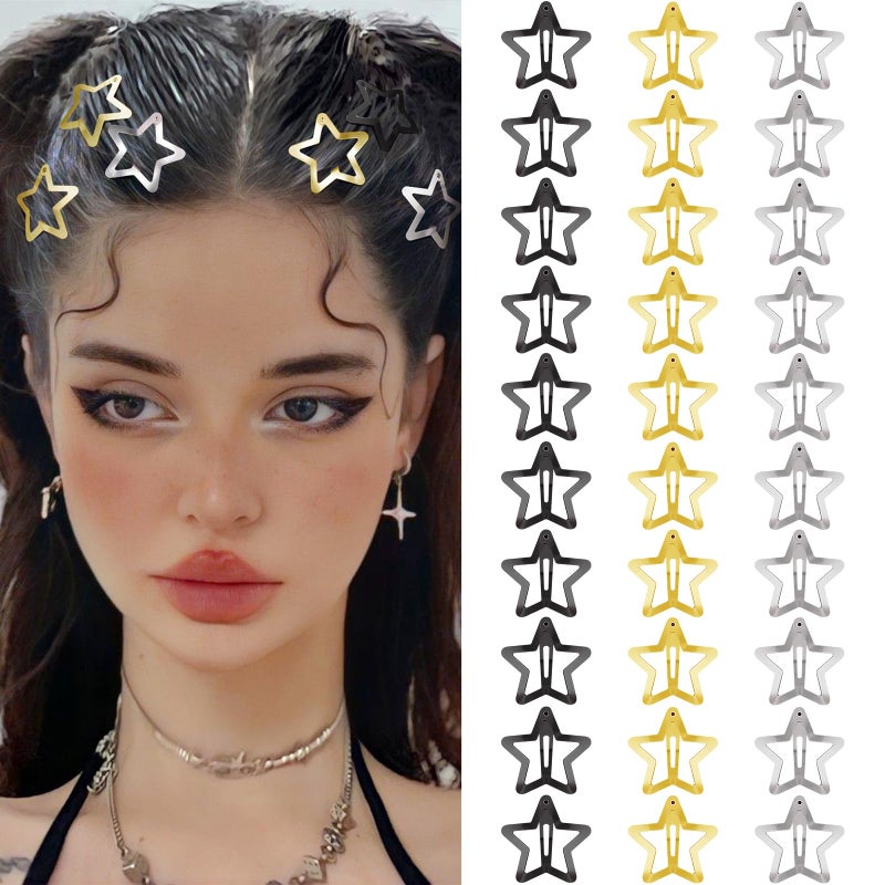 SAOROPEB Star Hair Clips 2000s Y2K Snap Hair Barrettes Non Slip Star Hair Accessories Black Gold Silver Metal Hair Clips for Girls Women -30 PCS 1.18" - Image 1