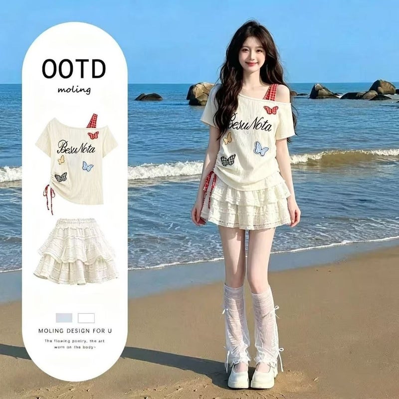 Women's Vintage Butterfly Print Off-Shoulder Short Sleeve Ballet Tiered Skirt Set - Image 1