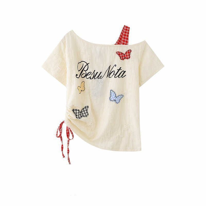 Women's Vintage Butterfly Print Off-Shoulder Short Sleeve Ballet Tiered Skirt Set - Image 2