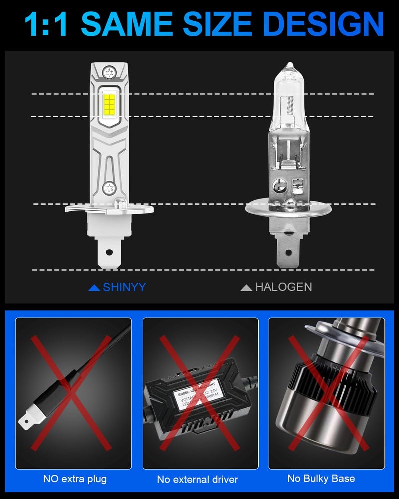 SHINYY مصابيح أمامية LED H1 SHINYY، 2023 جديدة 18000LM 6500K بيضاء LED H1 مصابيح أمامية خالية من أخطاء CANbus، مصابيح عالية ومنخفضة H1 للسيارة، بديل 1:1 لمصابيح الهالوجين والزينيون، 2 قطعة - Image 2