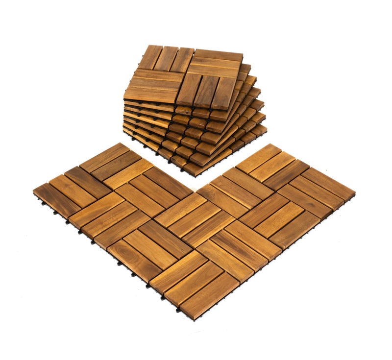 AN68 Pack of 10 Deck Tiles 12x12 Interlocking Natural Solid Acacia Wood for Outdoor Indoor Patio Garden Balcony Poolside Natural Color
