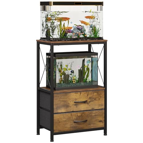 Welfuturer 10 Gallon Aquarium Stand with 2Tier Shelf Fish Tanks Stand with 2 Drawers Metal Frame Heavy Duty Reptile TurtleTank Stand with Storage for Home Offic Fish Tank Accessories Storage Brown - Image 1
