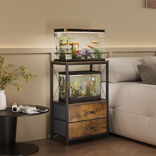 Welfuturer 10 Gallon Aquarium Stand with 2Tier Shelf Fish Tanks Stand with 2 Drawers Metal Frame Heavy Duty Reptile TurtleTank Stand with Storage for Home Offic Fish Tank Accessories Storage Brown - Image 3